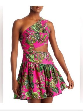Farm Rio pink leave cut out one shoulder dress